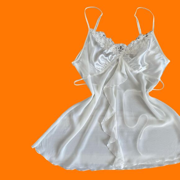 00's vintage white satin chiffon y2k bridal wedding lingerie slip dress MEDIUM - Picture 3 of 12